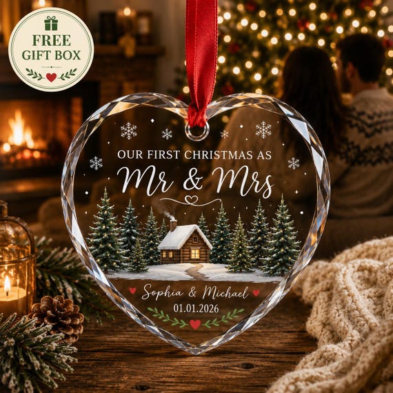 First Christmas Married Ornament, Custom Mr and Mrs Keepsake Personalized Winter Cabin ornament Newlywed Gift, Couple Ornament Gift for Wife