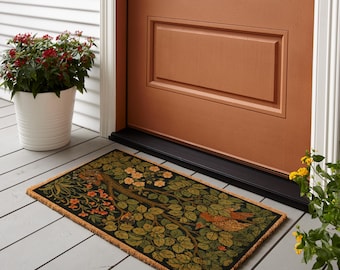 William Morris Tree of Life Doormat, Vintage Botanical Bird Welcome Mat, Sage Green Floral Front Door Mat, Coir Housewarming Gift