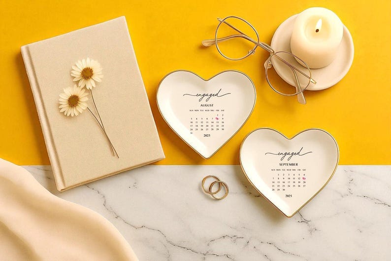 Op de afbeelding: Een stilleven met hartvormige ringschalen met gouden rand, een notitieboek met gedroogde bloemen, een brandende kaars en een bril. De schalen tonen het woord "verloofd" en een kalender.