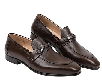 Handmade Brown Slip On Genuine Leather Office Dress Loafers Shoes For Men