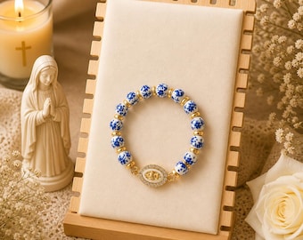 Pulsera religiosa, cuentas de cerámica azules y blancas, pulsera hecha a mano.