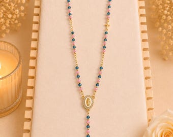 Rosario rosa y azul, collar de rosario, joyería de rosario, rosario de cuentas, rosario de acero inoxidable