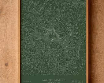 South Sister Pen Plotted Topographic Map | Mountain Contour Art | Cascades United States