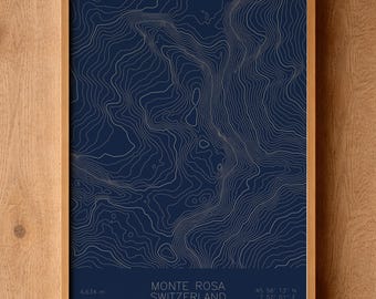 Monte Rosa Pen Plotted Topographic Map | Mountain Contour Art | Alps Switzerland