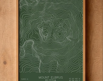 Mount Elbrus Pen Plotted Topographic Map | Mountain Contour Art | Caucasus Russia