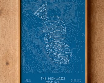 The Highlands | Michigan | Ski Trail Map Print, Michigan Ski Art, Michigan Ski House Decor, Alpine Wall Art