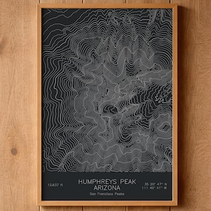 May include: A framed topographic map print of Humphreys Peak, Arizona, featuring white contour lines on a dark gray background. The text reads Humphreys Peak, Arizona, San Francisco Peaks, 12,637 ft, and coordinates 35 20' 47" N 111 40' 41" W.