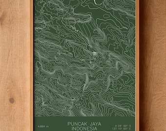Puncak Jaya Pen Plotted Topographic Map | Mountain Contour Art | Sudirman Range Indonesia