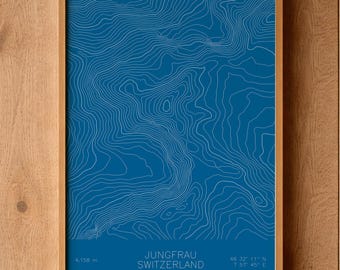 Jungfrau Topographic Pen Plotted Map | Mountain Contour Art | 4158m Alps Switzerland