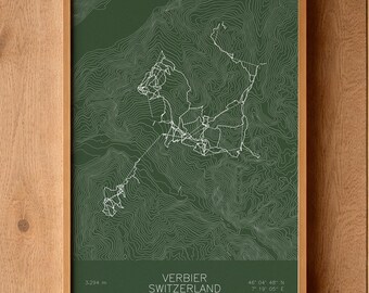 Verbier | Valais | Ski Trail Map Art, Valais Ski Art, Valais Ski House Decor, Alpine Wall Art