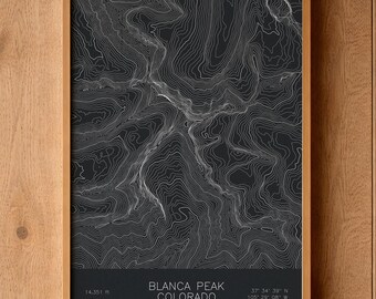 Blanca Peak Colorado Topographic Map Art | Colorado 14er, Sangre de Cristo Range | Pen Plotted