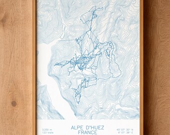 Alpe d'Huez | Isère | Ski Trail Map Art, Isère Ski Art, Isère Ski House Decor, Ski Chalet Decor