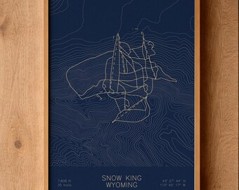 Snow King | Wyoming | Ski Trail Map Art, Wyoming Ski Art, Wyoming Ski House Decor, Alpine Wall Art