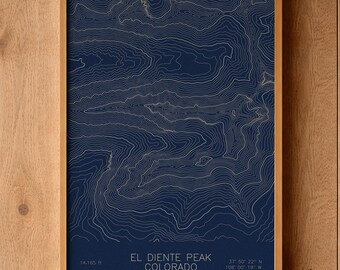 El Diente Peak Colorado Topographic Map Art | Colorado 14er, San Miguel Mountains | Pen Plotted