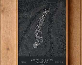 Aspen Highlands | Colorado | Ski Trail Map Art, Colorado Ski Art, Colorado Ski House Decor, Winter Lodge Wall Art
