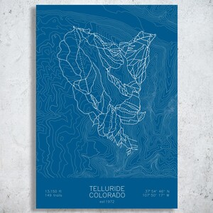 Telluride Ski Area | Colorado | Ski Trail Map Poster, San Juan Mountains Art, Telluride Colorado Ski Decor