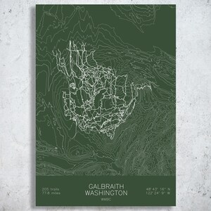 May include: A dark green rectangular print featuring a white topographic map of Galbraith Mountain in Washington. The design includes a complex network of white trail lines, the text GALBRAITH WASHINGTON, 205 trails, 77.8 miles, and coordinates.