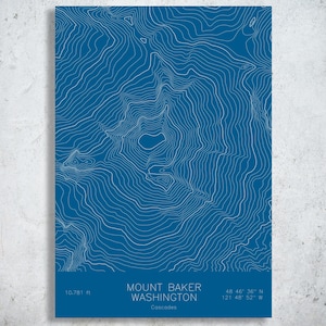 Mount Baker Pen Plotted Topographic Map | Mountain Contour Art | Cascades United States