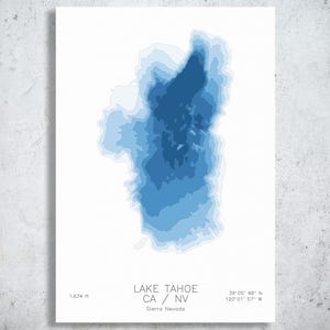 Lake Tahoe | California | Bathymetric Depth Map Art, Sierra Nevada Print, Emerald Bay Lake House Decor