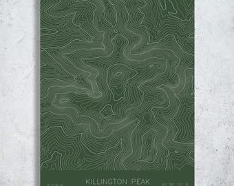 Killington Peak Pen Plotted Topographic Map | Mountain Contour Art | Green Mountains Vermont
