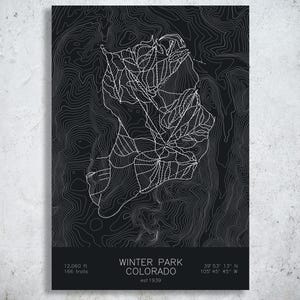 May include: A black and white topographic map print of Winter Park, Colorado, featuring intricate white contour lines on a dark background. The text reads Winter Park, Colorado, est 1939, 12,060 ft, 166 trails, and coordinates 39 53 13 N 105 45 45 W.