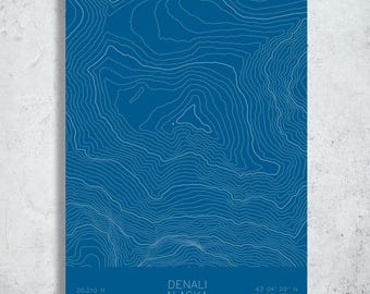 Denali Topographic Pen Plotted Map | Mountain Contour Art | Alaska Range United States