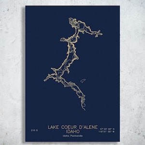Lake Coeur d'Alene | Idaho | Bathymetric Lake Map Print, Idaho Panhandle Art, Pacific Northwest Lake Decor