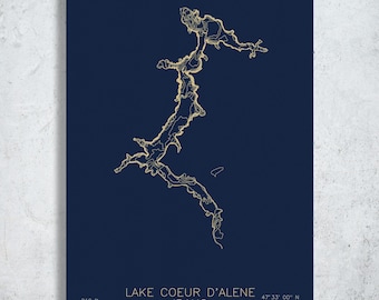 Lake Coeur d'Alene | Idaho | Bathymetric Lake Map Print, Idaho Panhandle Art, Pacific Northwest Lake Decor