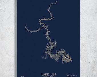 Lake LBJ | Texas | Bathymetric Depth Map Art, Highland Lakes Print, Texas Hill Country Decor