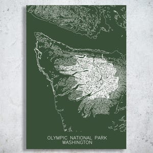 May include: A green and white topographic map print of Olympic National Park in Washington. The map features detailed contour lines and the park's name and location in white text at the bottom.