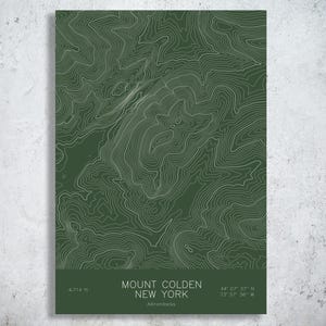 May include: A rectangular print featuring a dark green background with white topographic contour lines of Mount Colden, New York. The text reads Mount Colden New York, 4,714 ft, 44 07 37 N, 73 57 36 W, and Adirondacks.