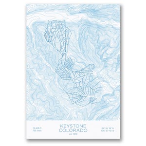 May include: A light blue and white topographic map print of Keystone, Colorado, featuring contour lines and trail details. The print includes the text "KEYSTONE COLORADO est 1970", elevation details, and coordinates.