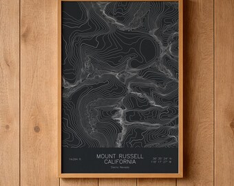 Mount Russell California Topographic Map Art | Mount Whitney Neighbor, Sierra 14er | Pen Plotted