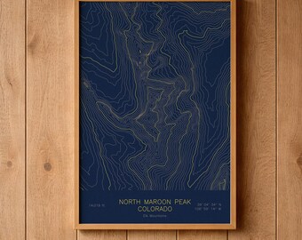 North Maroon Peak Colorado Topographic Map Art | Maroon Bells, Aspen 14er | Pen Plotted