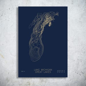 Lake Michigan | Great Lakes | Bathymetric Lake Map Print, Great Lakes Nautical Art, Beach House Decor