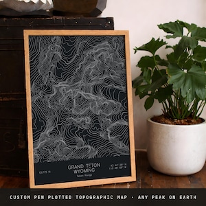 Custom Mountain Map | Any Peak, Pen Plotted Topographic Contour Art | Personalized Summit Gift for Hikers & Climbers
