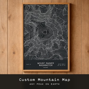 Custom Mountain Map | Any Peak, Pen Plotted Topographic Contour Art | Personalized Summit Gift for Hikers & Climbers