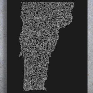 May include: A black and white abstract art print of the state of Vermont. The state's outline is filled with a dense pattern of white, interconnected lines. The artwork is set against a solid black background.