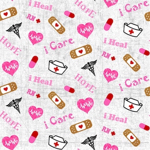 May include: A repeating pattern featuring medical symbols and phrases. The design includes pink hearts with a heartbeat, brown bandages with red hearts, pink pills, nurse hats, and the caduceus symbol. The words "i Heal", "i Care", "HOPE", and "RN+" are also present.