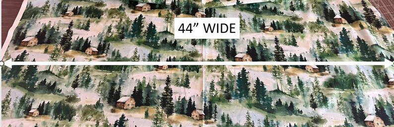 May include: A watercolor-style fabric featuring a repeating pattern of green trees and small houses. The fabric is 44 inches wide.