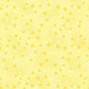 May include: A seamless pattern of yellow stars on a pale yellow background. The stars are scattered randomly across the surface.