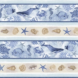 Cobalt Seas Novelty Coastal Stripe Cotton Fabric by Henry Glass - Beach Fabric, Ocean Fabric
