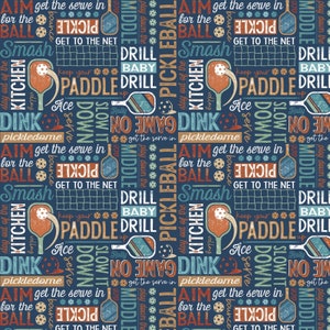 Pickleball Champ Fabric - 4-Way Text in Blue - P&B Textiles - Pickleball Cotton Quilt Fabric