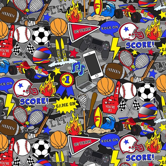 Sports Cotton Fabric on Grey by Print Concepts Teen Fabric Etsy