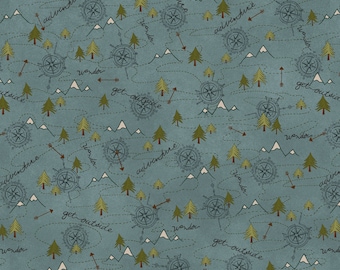 The Mountains Are Calling FLANNEL Fabric Mixed Media Mountain Trail  Teal by Henry Glass Designer: Janet Rae Nesbitt - HEG3138F-76