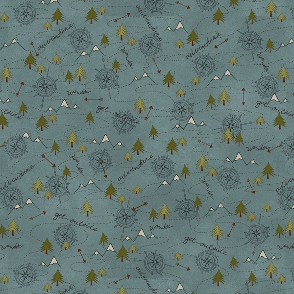 The Mountains Are Calling FLANNEL Fabric Mixed Media Mountain Trail  Teal by Henry Glass Designer: Janet Rae Nesbitt - HEG3138F-76