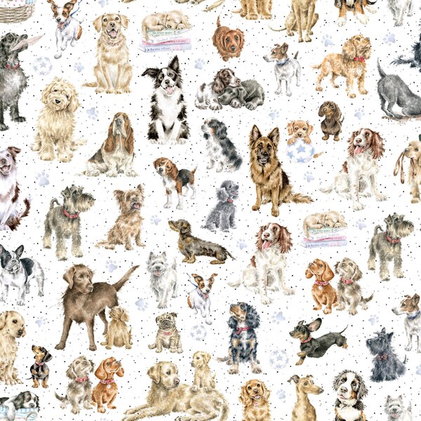 Dog Breeds Fabric - Whiskers & Paws Soft White - Directional Dogs by Maywood Studio Cotton Quilt Fabric - Designer Hannah Dale - MAS10415-W
