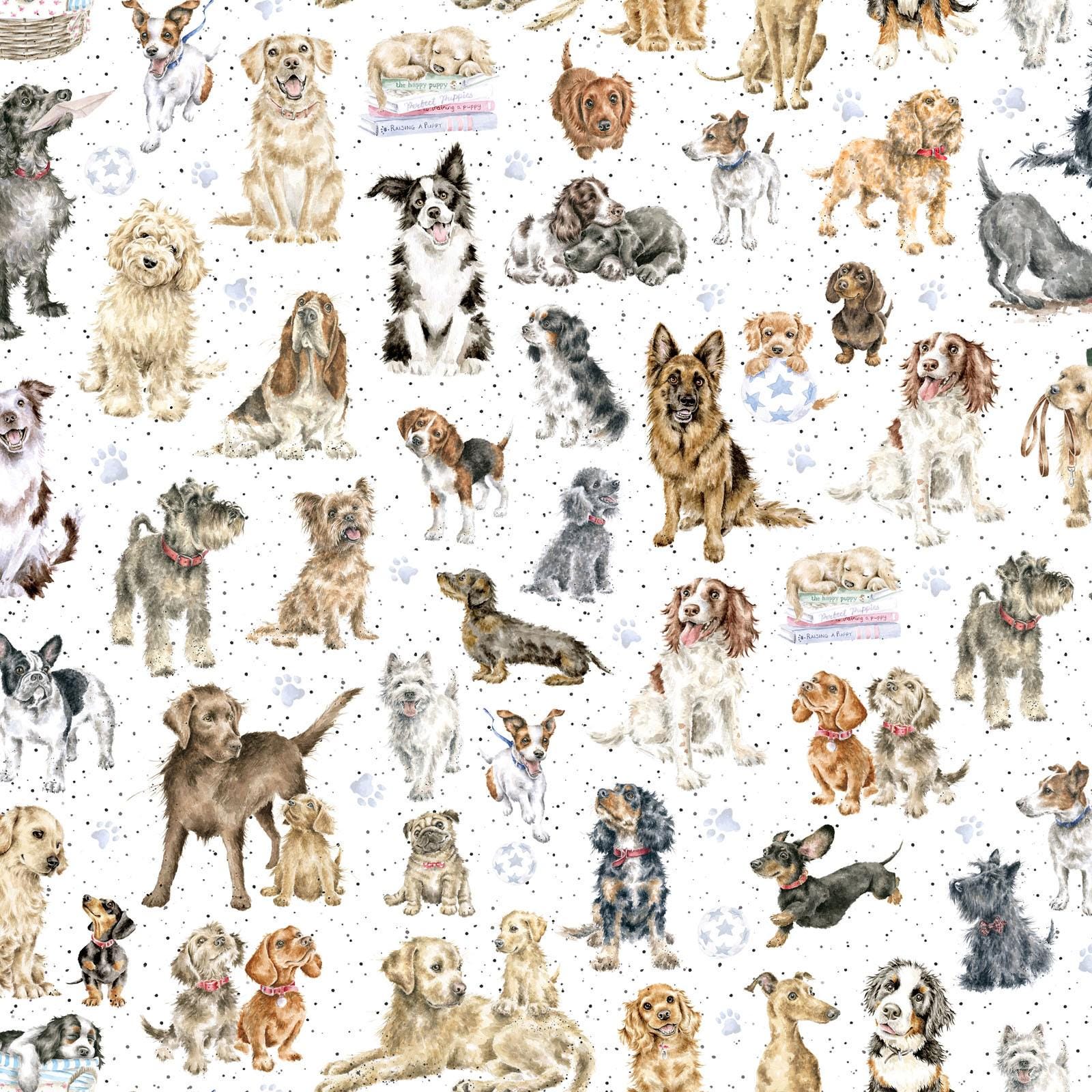 Dog Breeds Fabric - Whiskers & Paws Soft White - Directional Dogs by Maywood Studio Cotton Quilt Fabric - Designer Hannah Dale - MAS10415-W