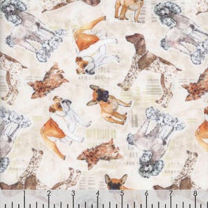 Best Friends Tossed Dogs Fabric Taupe - Cotton - Clothworks - Designer Lexi Grenzer