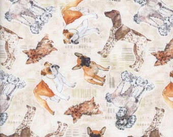 Tossed Dogs Fabric - Taupe Cotton, Quilting Fabric by Lexi Grenzer
